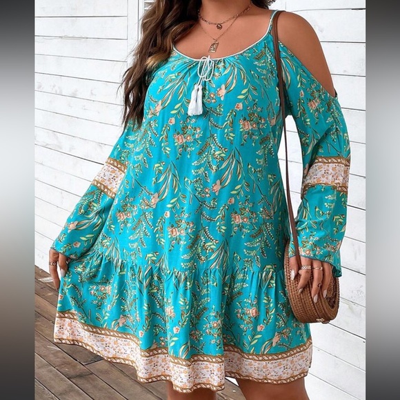 Boho Plus Floral Print Cold Shoulder Tassel Tie Ruffle Hem Dress - Picture 4 of 5